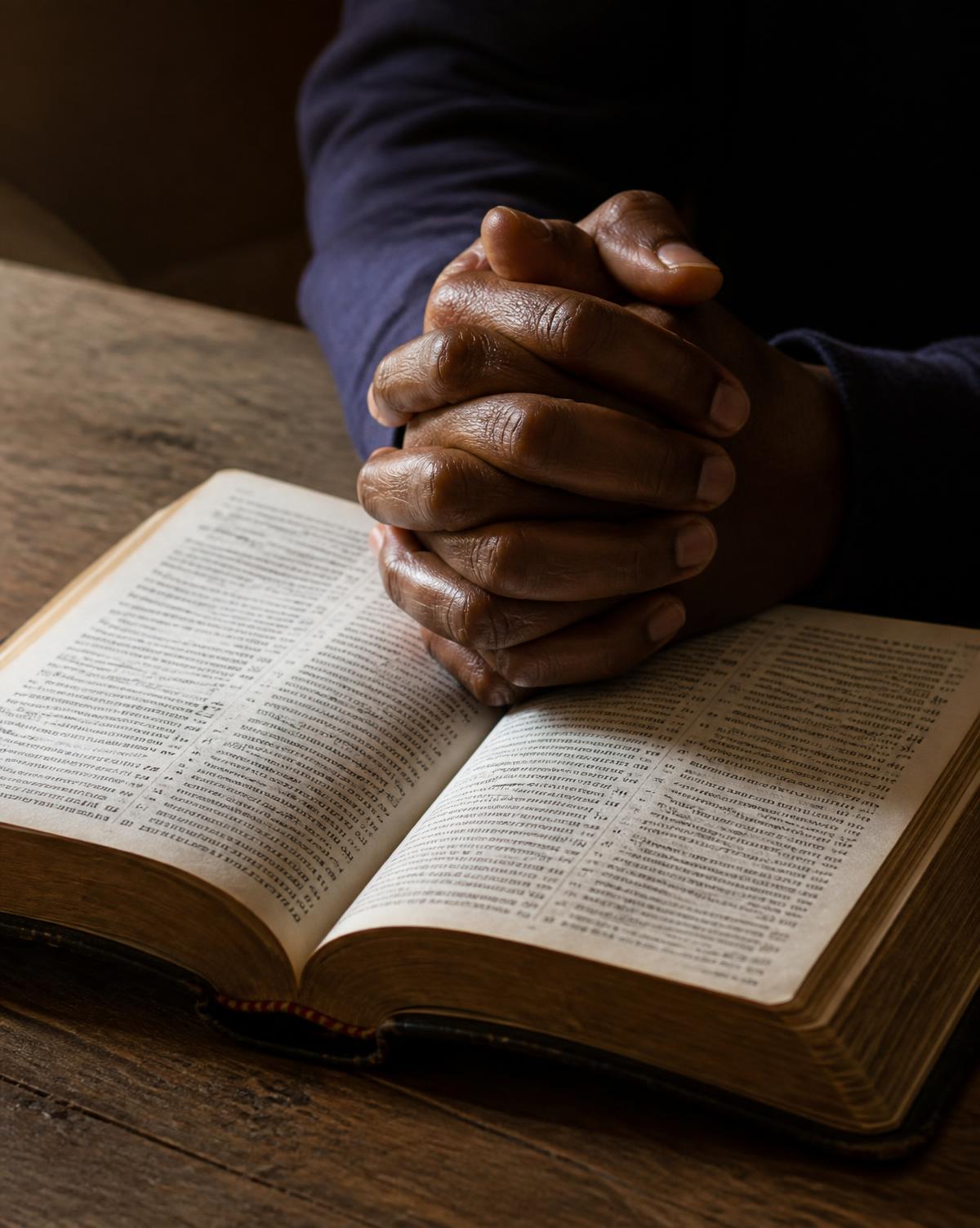 Mains jointes en prière posées sur une Bible ouverte